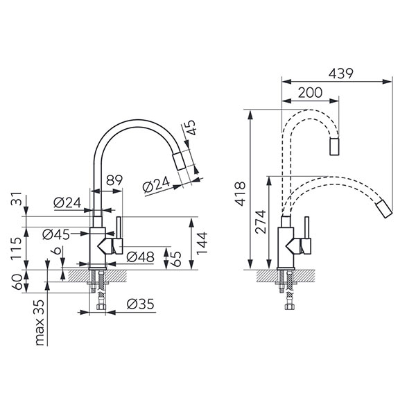 Miješalica za sudoper s fleksibilnim izljevom, ZUMBA inox bež - BZA4PSS - Slika 2